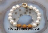 CFB1069 Hand-knotted 9mm - 10mm potato white freshwater pearl & wooden jasper bracelet