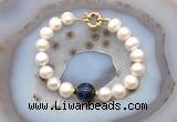 CFB1072 Hand-knotted 9mm - 10mm potato white freshwater pearl & blue tiger eye bracelet