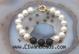 CFB1080 Hand-knotted 9mm - 10mm potato white freshwater pearl & black lava bracelet