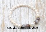 CFB607 6-7mm potato white freshwater pearl & Botswana agate stretchy bracelet