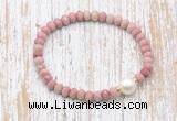 CFB727 faceted rondelle pink wooden jasper & potato white freshwater pearl stretchy bracelet