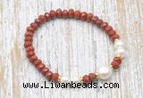 CFB732 faceted rondelle red jasper & potato white freshwater pearl stretchy bracelet