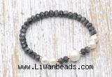 CFB753 faceted rondelle black labradorite & potato white freshwater pearl stretchy bracelet