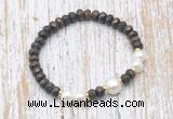 CFB756 faceted rondelle bronzite & potato white freshwater pearl stretchy bracelet