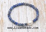 CFB772 faceted rondelle lapis lazuli & potato white freshwater pearl stretchy bracelet