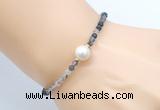 CFB811 4mm faceted round black rutilated quartz & potato white freshwater pearl bracelet