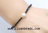 CFB825 4mm faceted round black tourmaline & potato white freshwater pearl bracelet