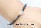 CFB829 4mm faceted round snowflake obsidian & potato white freshwater pearl bracelet