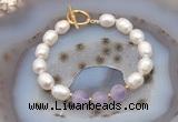 CFB905 Hand-knotted 9mm - 10mm rice white freshwater pearl & lavender amethyst bracelet