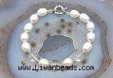 CFB908 Hand-knotted 9mm - 10mm rice white freshwater pearl & white crystal bracelet