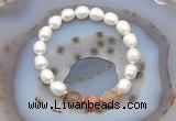 CFB913 9mm - 10mm rice white freshwater pearl & rainbow moonstone stretchy bracelet