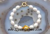 CFB919 Hand-knotted 9mm - 10mm rice white freshwater pearl & yellow banded agate bracelet