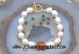 CFB921 Hand-knotted 9mm - 10mm rice white freshwater pearl & red banded agate bracelet