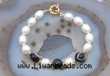 CFB923 Hand-knotted 9mm - 10mm rice white freshwater pearl & black banded agate bracelet