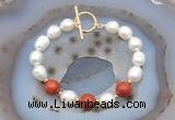 CFB927 Hand-knotted 9mm - 10mm rice white freshwater pearl & red jasper bracelet