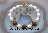 CFB948 Hand-knotted 9mm - 10mm rice white freshwater pearl & brecciated jasper bracelet