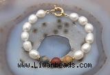 CFB949 Hand-knotted 9mm - 10mm rice white freshwater pearl & picasso jasper bracelet