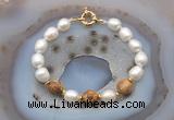 CFB950 Hand-knotted 9mm - 10mm rice white freshwater pearl & picture jasper bracelet