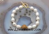 CFB951 Hand-knotted 9mm - 10mm rice white freshwater pearl & wooden jasper bracelet