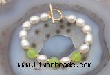 CFB993 Hand-knotted 9mm - 10mm rice white freshwater pearl & candy jade bracelet