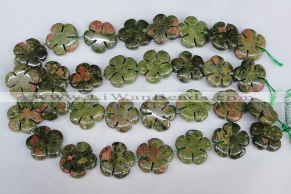 CFG221 15.5 inches 24mm carved flower unakite gemstone beads