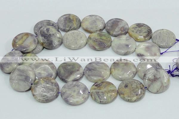 CFJ03 15.5 inches 30mm flat round natural purple flower stone beads