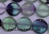 CFL1063 15 inches 14mm flat round natural fluorite gemstone beads