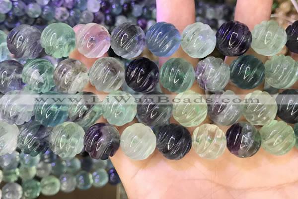 CLF1169 15.5 inches 12mm carved round fluorite gemstone beads