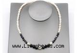 CFN127 potato white freshwater pearl & black banded agate necklace, 16 - 24 inches