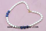 CFN305 Rice white freshwater pearl & lapis lazuli necklace, 16 - 24 inches