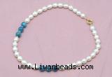 CFN315 9 - 10mm rice white freshwater pearl & apatite necklace wholesale