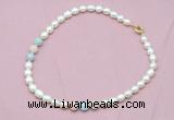 CFN318 9 - 10mm rice white freshwater pearl & morganite necklace wholesale