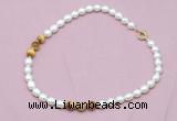 CFN319 9 - 10mm rice white freshwater pearl & golden tiger eye necklace wholesale