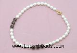 CFN323 9 - 10mm rice white freshwater pearl & smoky quartz necklace wholesale