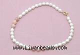 CFN324 9 - 10mm rice white freshwater pearl & pink opal necklace wholesale