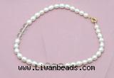 CFN331 9 - 10mm rice white freshwater pearl & white crystal necklace wholesale