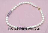 CFN332 9 - 10mm rice white freshwater pearl & amethyst necklace wholesale