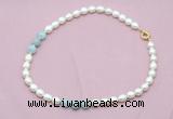 CFN335 9 - 10mm rice white freshwater pearl & aquamarine necklace wholesale