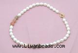 CFN337 9 - 10mm rice white freshwater pearl & rainbow moonstone necklace wholesale