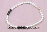 CFN338 9 - 10mm rice white freshwater pearl & golden obsidian necklace wholesale