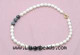 CFN339 9 - 10mm rice white freshwater pearl & snowflake obsidian necklace wholesale