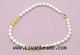 CFN342 9 - 10mm rice white freshwater pearl & honey jade necklace wholesale