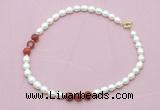 CFN344 9 - 10mm rice white freshwater pearl & red banded agate necklace wholesale