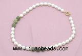 CFN348 9 - 10mm rice white freshwater pearl & China jade necklace wholesale