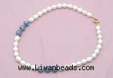 CFN350 9 - 10mm rice white freshwater pearl & blue spot stone necklace wholesale