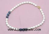 CFN351 9 - 10mm rice white freshwater pearl & dumortierite necklace wholesale