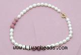 CFN353 9 - 10mm rice white freshwater pearl & pink wooden jasper necklace wholesale