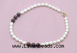 CFN354 9 - 10mm rice white freshwater pearl & brecciated jasper necklace wholesale