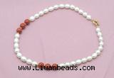 CFN361 9 - 10mm rice white freshwater pearl & red jasper necklace wholesale