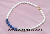 CFN403 9-10mm rice white freshwater pearl & lapis lazuli necklace